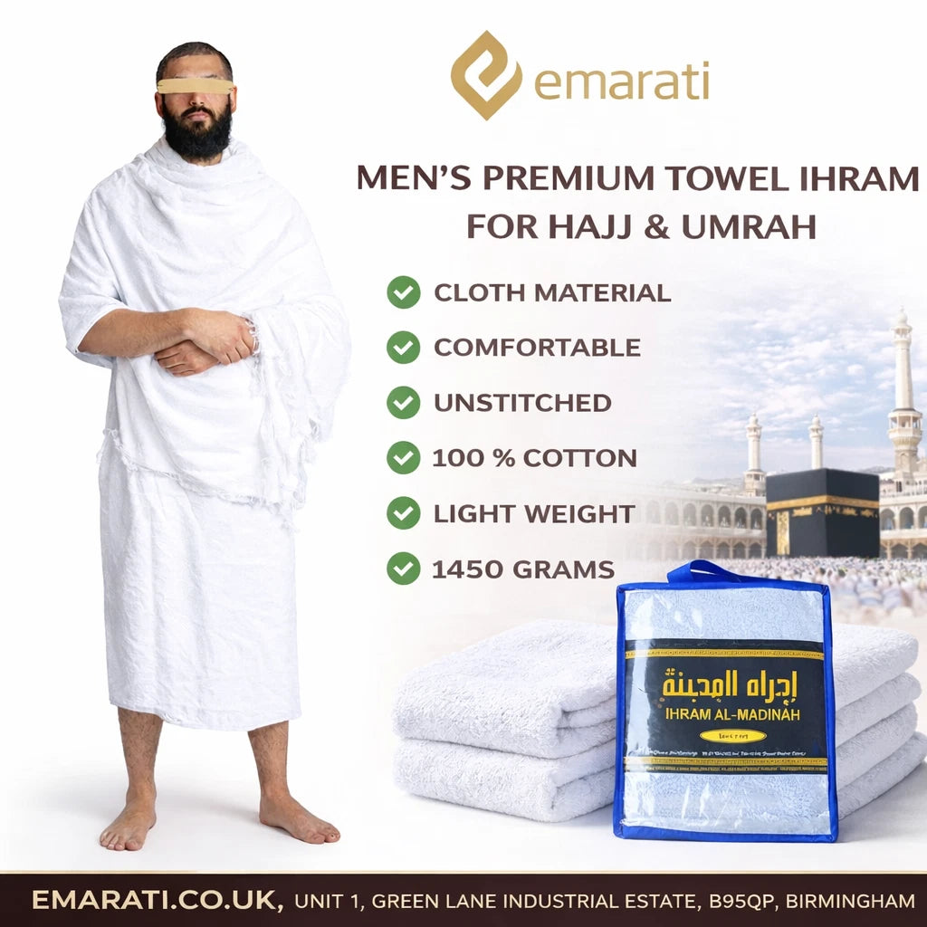 Men's Ihram 2-Piece Set – Large Cotton Towel for Hajj &amp; Umrah (45 x 90 inches)  Emarati